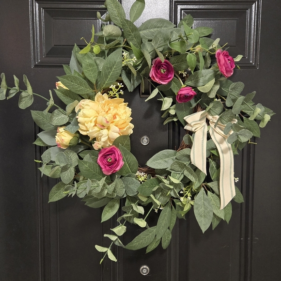 Hand Crafted Other - Spring Everyday Wreath with Yellow Peony, Ranunculus, Greenery, and Striped Bow